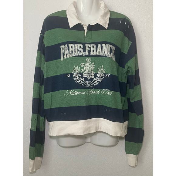 Women's Polo Style Striped Navy Blue & Green Long Sleeve Distressed Size Small - Picture 1 of 5